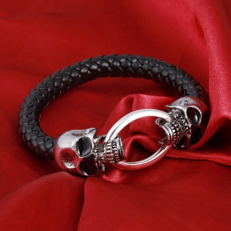 Men's Double Skull Braided Leather Bracelet