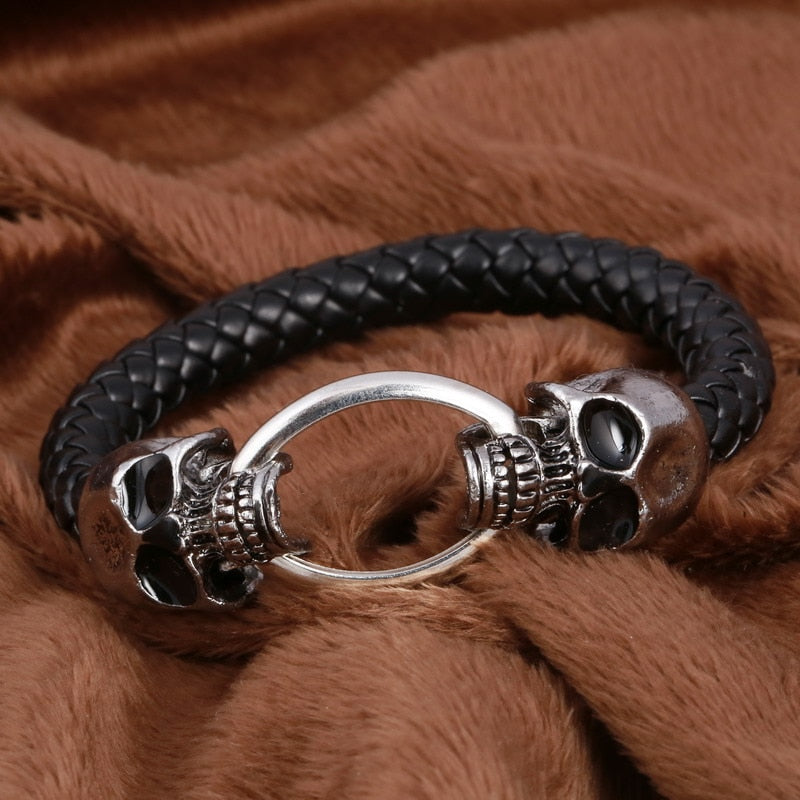 Men's Double Skull Braided Leather Bracelet