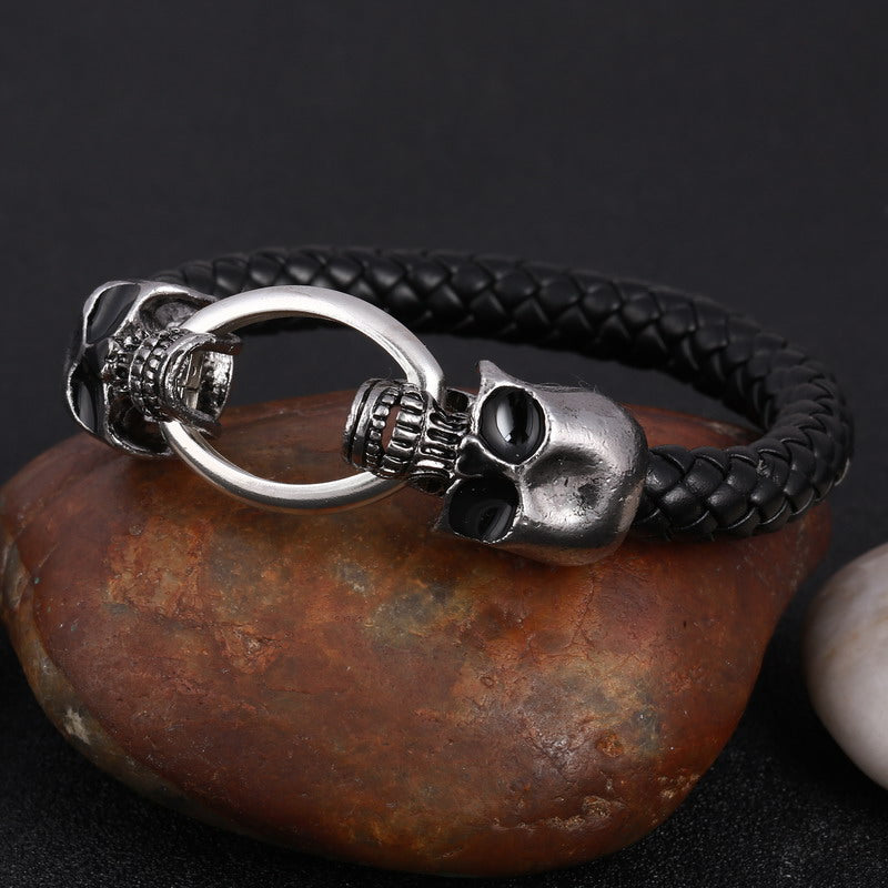 Men's Double Skull Braided Leather Bracelet