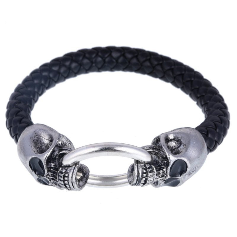 Men's Double Skull Braided Leather Bracelet