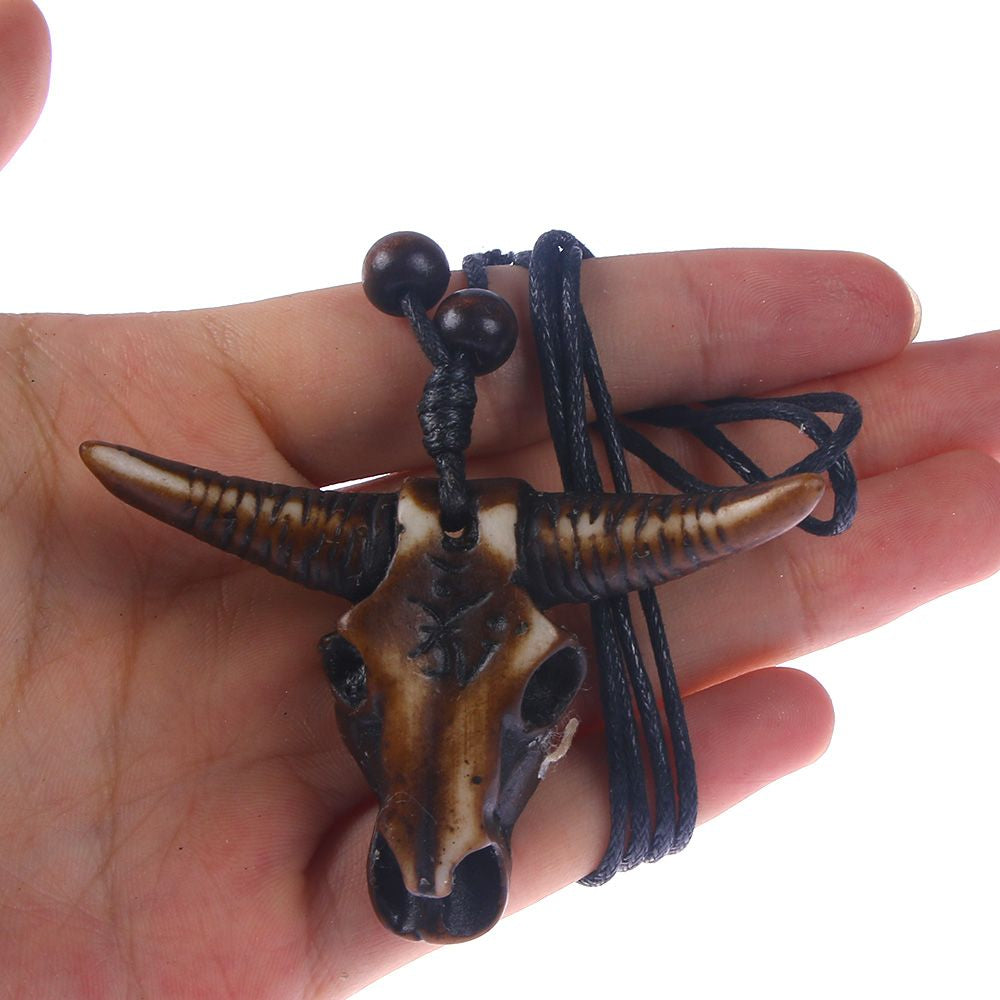 Tribal Necklace for Men with Bull Skull Pendant